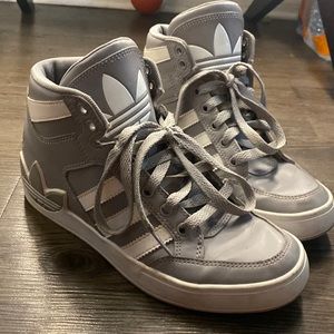 Gray Adidas high top classics